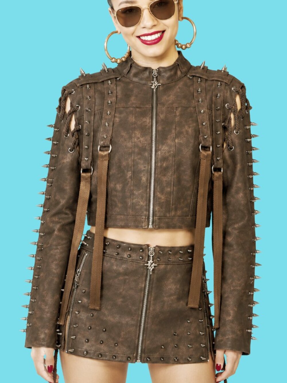 Dolls Kill Brown Studded Spike Faux Leather Jacket & Mini Skirt Set Goth Punk